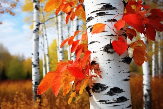 Birch Tree with Red Leaves