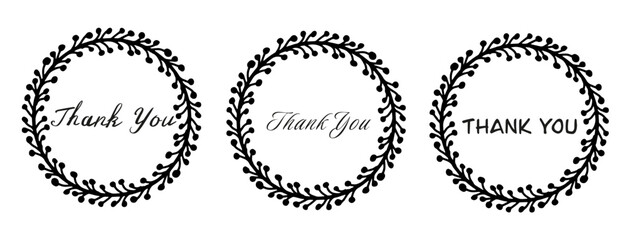 Fototapeta premium Floral wreath, linear vector illustration, Thank you lettering with doodle floral frame, boho line art silhouette of floral wreaths, minimalist botanical elements. Frame, wreath, monogram 