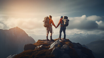 Summit Success: Hiker Assisting Friend to Reach the Mountain Top