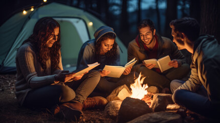 Group of friends read a book while camping in a tent in the countryside - obrazy, fototapety, plakaty