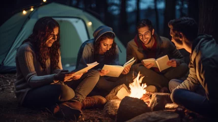 Tuinposter Group of friends read a book while camping in a tent in the countryside © MP Studio