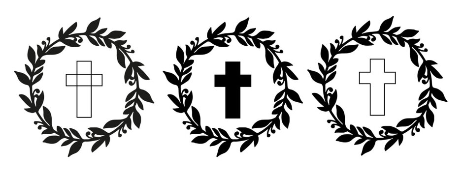 Religious cross with leaves frame. Church logo. Linear Christian Cross and Floral Decor, Vector Christian symbols. Floral wreath and the cross. Easter wreath vector illustration. 