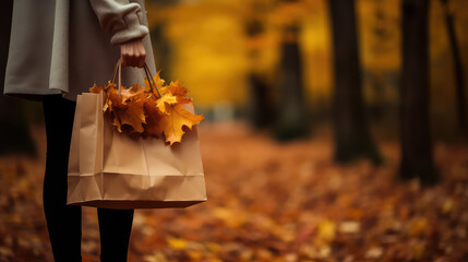 Woman carrying shopping bag in her hand in autumn weather. Creative concept of fall sale, shopping.