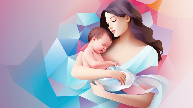 Cute drawing Mom holds the baby in her arms isolated background. AI generated image