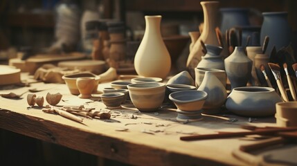 a collection of diverse tools for sculpting pottery are arranged on a wooden table with clay in a professional, well-lit workshop. - obrazy, fototapety, plakaty