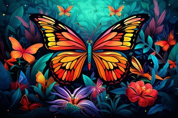 Artistic: butterfly, flower, leaves. Imaginative, vibrant, cartoonish, scenic, decorative, storytelling, wallpaper, card design. Generative AI