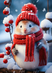 Funny cute little hamster in red hat and scarf with in winter snow forest. Christmas or New Year card.