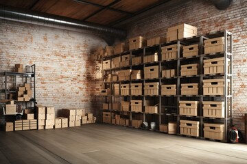 Industrial setting with storage, shelves, and cardboard boxes. Generative AI