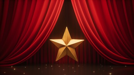 a picture of a golden star with lights on a stage's red velvet curtain