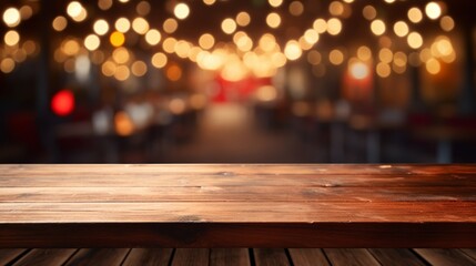 A picture of a wooden table with a blurry, abstract background of restaurant lights