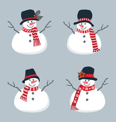 Set of cute snowmen. Four different snowmen in beautiful winter clothes. Greeting card template. Vector illustration