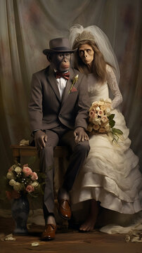 monkey bride and groom on the bench, surreal monkey couple