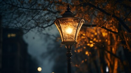At night, an antique street lamp. streetlights that are brightly lighted at dusk. lamps for decoration. In the dusk of the city, a magic lamp with a warm yellow glow. - obrazy, fototapety, plakaty
