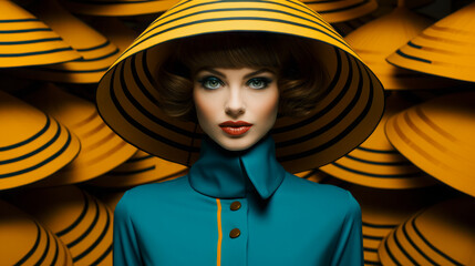Modern, contemporary styling with bright vivid colors, elegant modern style of a young beautiful girl with an unusually beautiful hat.