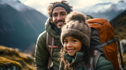 
African American father trekking with his daughter in Bariloche, Argentine Patagonia, touring South America, nomadic life, travelers in Latin America - obrazy, fototapety, plakaty