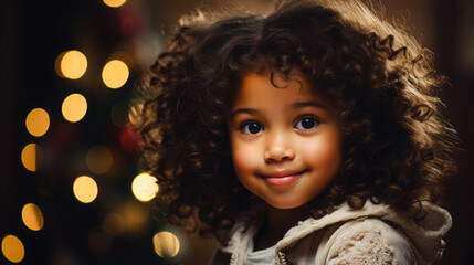 Curly happy little girl in a jacket next to the Christmas tree. Close-up.