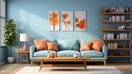 interior modern bright room with blue sofa and peach fuzz pillows. color of 2024 - obrazy, fototapety, plakaty