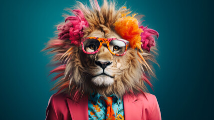 Obraz premium The king of animals in a red suit with glasses. Lion standing and posing, abstract wild animal portrait on blue background.