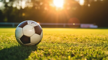 Fototapeta premium A sunny day on a grassy field with basketball and soccer balls. Sports equipment shining in the sunlight. Outdoor recreation and fun.