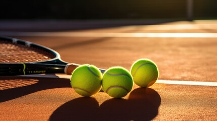 Tennis game on clay court with racket, balls, and long shadows. Late afternoon sunlight adds a sporty touch to the outdoor competition. - obrazy, fototapety, plakaty