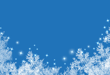 Rime frost at bottom with sparkling stars on blue background. Fabulous landscape. Winter, holiday. Copy space - obrazy, fototapety, plakaty