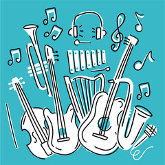 Vector illustration of a collection of musical instruments, hand-drawn in the style of doodles