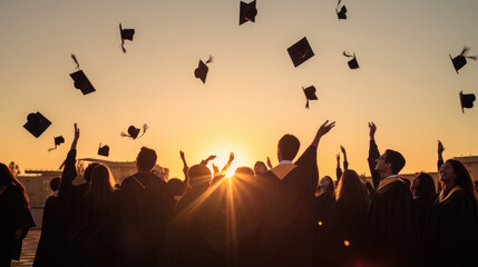 College graduated students throwing their caps up in celebration of graduation