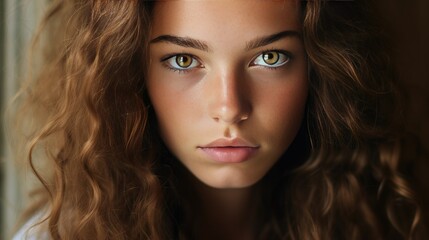 Naklejka premium Close-up portrait of a young woman with a serene expression, exuding beauty and peacefulness. Her calm and tranquil look radiates contentment and relaxation, creating a serene and peaceful atmosphere