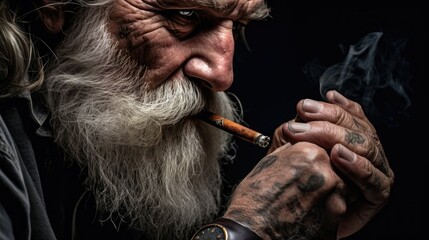 Obraz premium Close-up of a hand holding a cigarette, enveloped in deep shadows. Intense, low-key lighting creates a dramatic atmosphere with warm tones, smoking