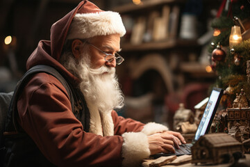 Obraz premium Santa Claus in workshop makes toys for children for Christmas