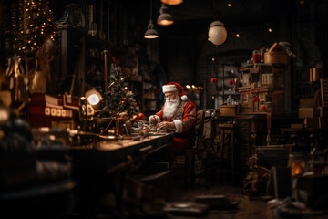 Santa Claus in workshop makes toys for children for Christmas