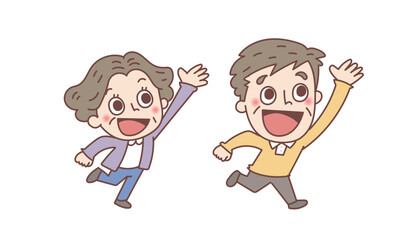 笑顔で紹介するシニア男女