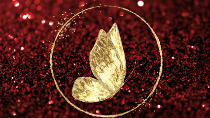 Red glitter, gold glitter, sparkles, frame gold butterfly - obrazy, fototapety, plakaty