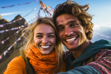 Happy smiling couple standing under the colourful prayer flags to the golden rooftop of The Bouddhanath Temple in Kathmandu, Nepal. Festival background. AI Generative