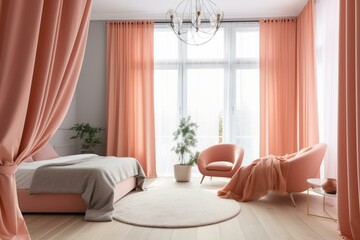 Bright room with hanging drapes. Generative AI