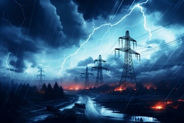 image of intense downpour, tempest with lightning and gloomy skies above electrical towers. Generative AI