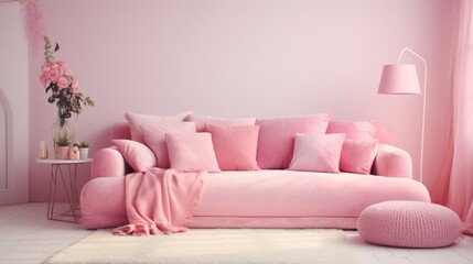 pink sofa in room with pink wallpaper