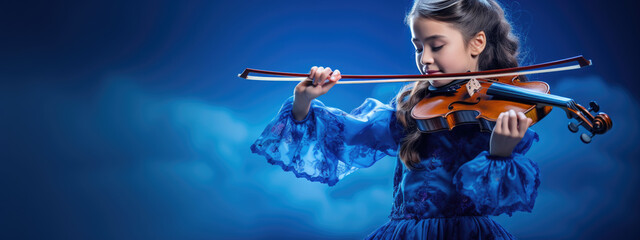Fototapeta premium Little girl playing violin on blue background