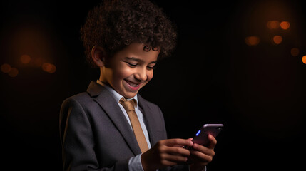 Little smiling boy with a cell phone on a colored background.