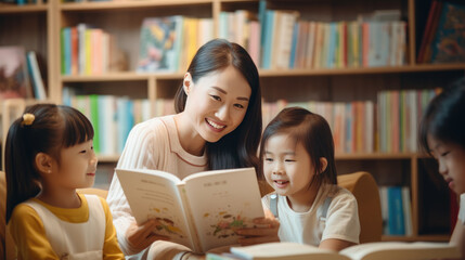 Nursery teacher reading book aloud to children in a kindergarten group
