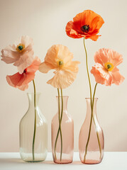 three glass vases with two poppies in them