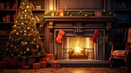 fireplace with christmas tree generated by AI - obrazy, fototapety, plakaty