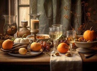 Thanksgiving table setting, elegant dinner table with pumpkins and candles generative ai.