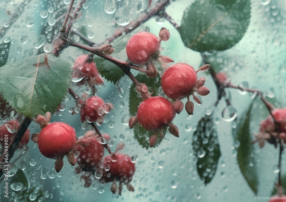 Poster branch with red berries frozen, generative ai.