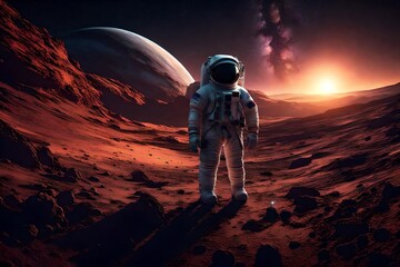 A lone astronaut exploring a mysterious exoplanet's surface, bathed in the glow of a distant galaxy. - obrazy, fototapety, plakaty