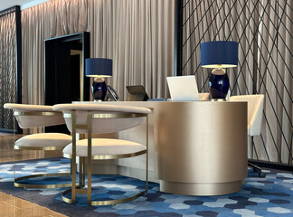 Modern table with laptop, lamps and two round chairs in the reception, lobby, hall, foyer or office space.