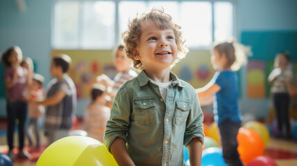 Little boy preschooler playing indoors in a child's playroom