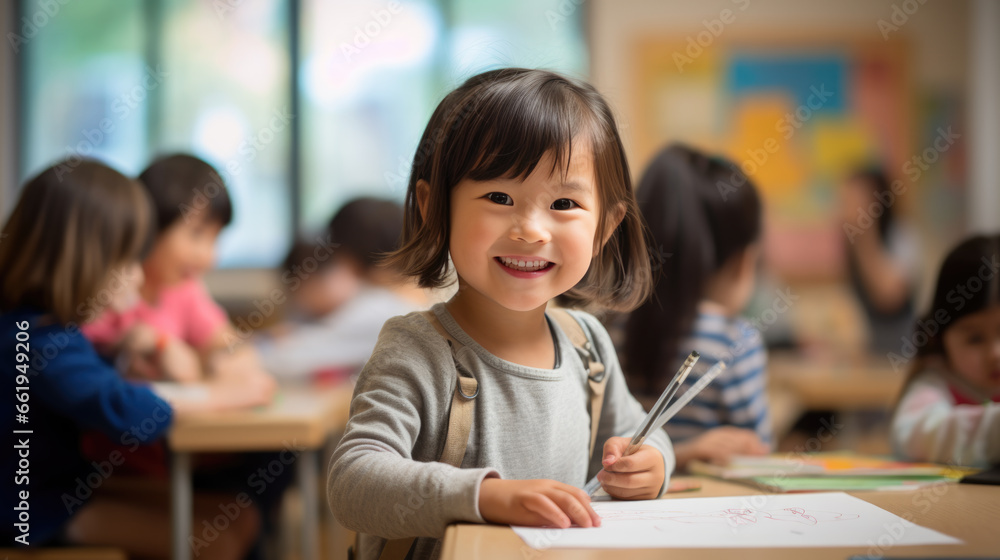 Poster little preschooler sits at a desk with a pencil in his hand and learns to write in class