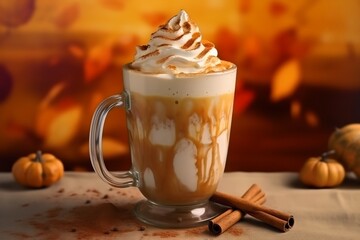 Pumpkin latte, generative ai picture of delicious autumn drink with traditional spices.