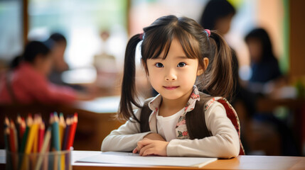 Little preschooler sits at a desk in the background of a classroom - obrazy, fototapety, plakaty